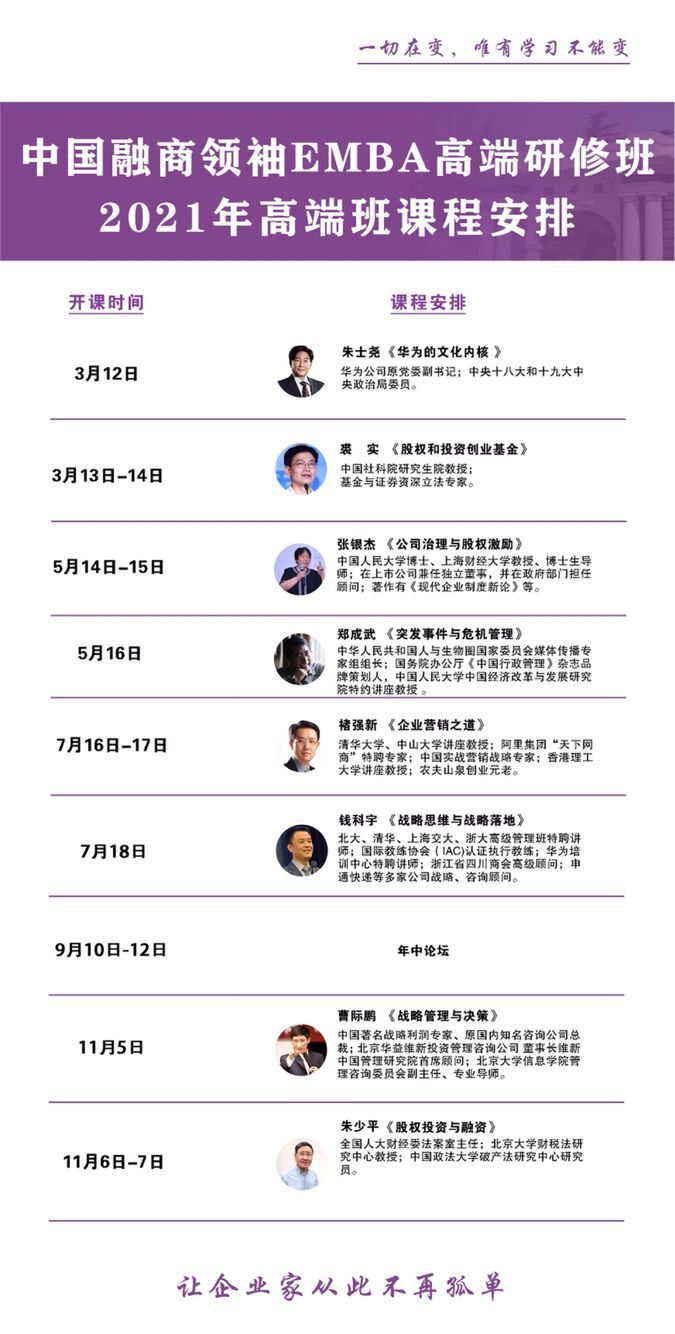 融商領袖EMBA高端總裁班2021年全年課表